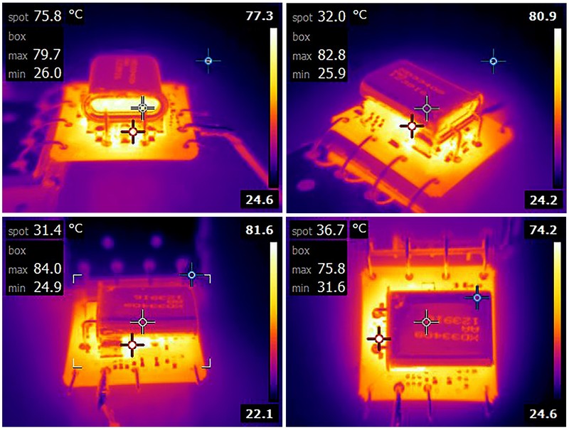 Infrared thermal imaging of electronic components reveals hotspots reaching 84°C — the kind of thermal challenges that metamaterial-based phononic crystals aim to solve. Photo: Wikimedia Commons