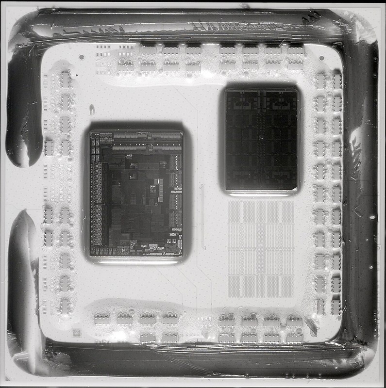 Infrared thermal image of an AMD Ryzen processor showing the distinct chiplet architecture with separate dies for different functions. The color gradients reveal how chiplet design distributes heat more efficiently than monolithic chips. Credit: Wikimedia Commons