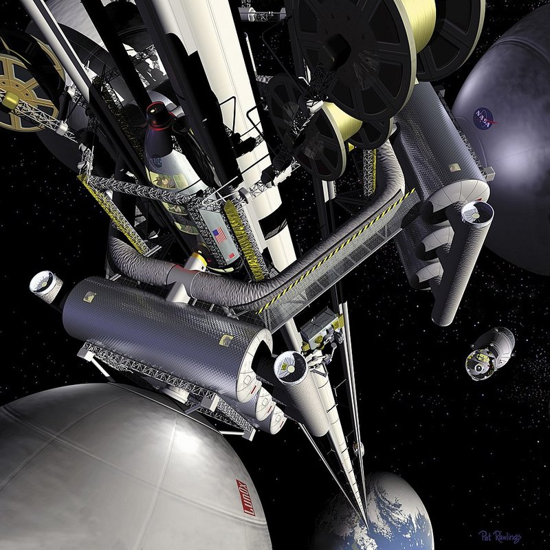 NASA's artist concept of a space elevator system extending from Earth's surface to beyond geostationary orbit. The 100,000-kilometer tether would be held in tension by the rotational dynamics of Earth itself, creating a highway to space that operates like a vertical railroad. Credit: NASA/Wikimedia Commons