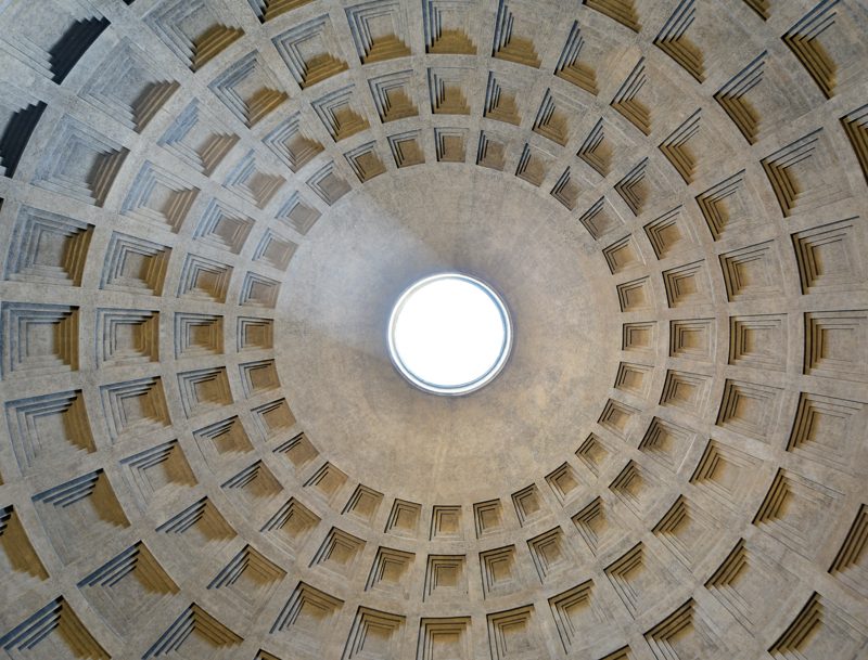 Interior of the Pantheon dome — the largest unreinforced concrete dome in the world, built with Roman opus caementicium c. 126 AD